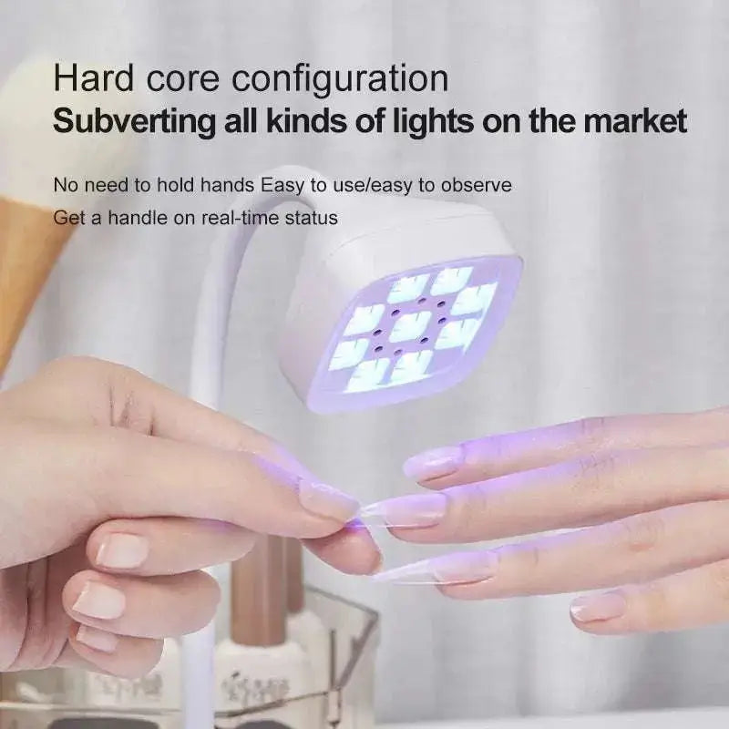 Wireless UV nail dryer with 9 LED lights in use, showcasing portable quick dry and 360° bendable features for manicure salon.