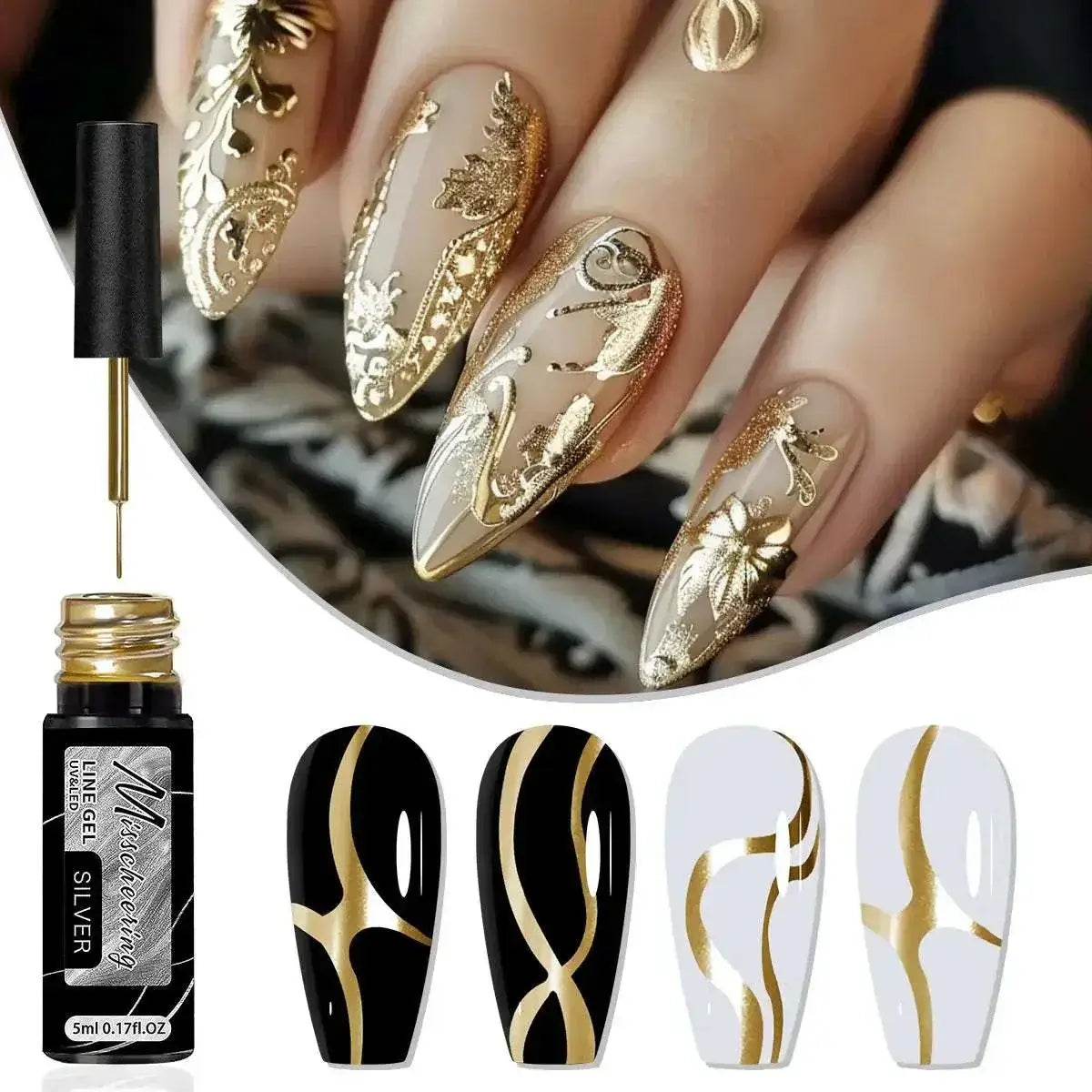chrome mirror nail gel showcasing metallic silver and gold nail designs with UV LED polish, ideal for creating a mirror-like finish.