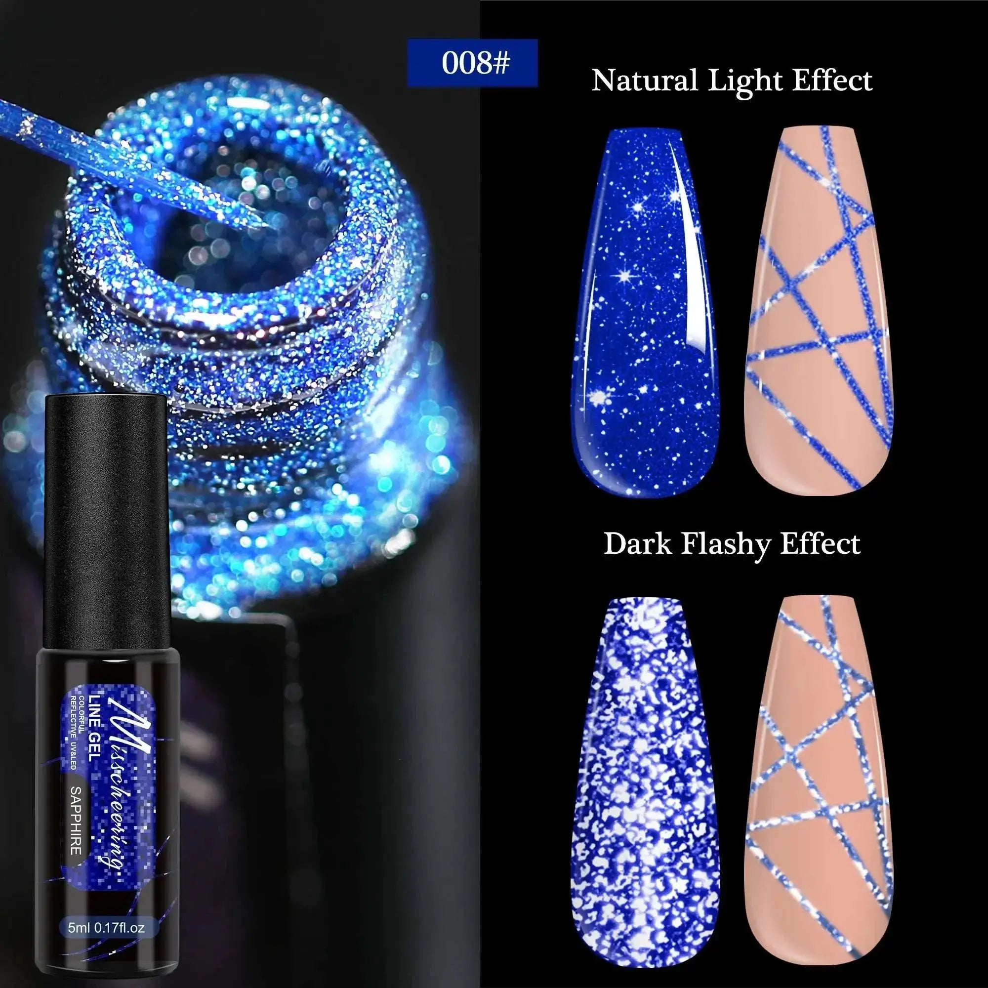 chrome mirror nail gel Blue glitter nail gel polish showing natural and dark effects on nails.