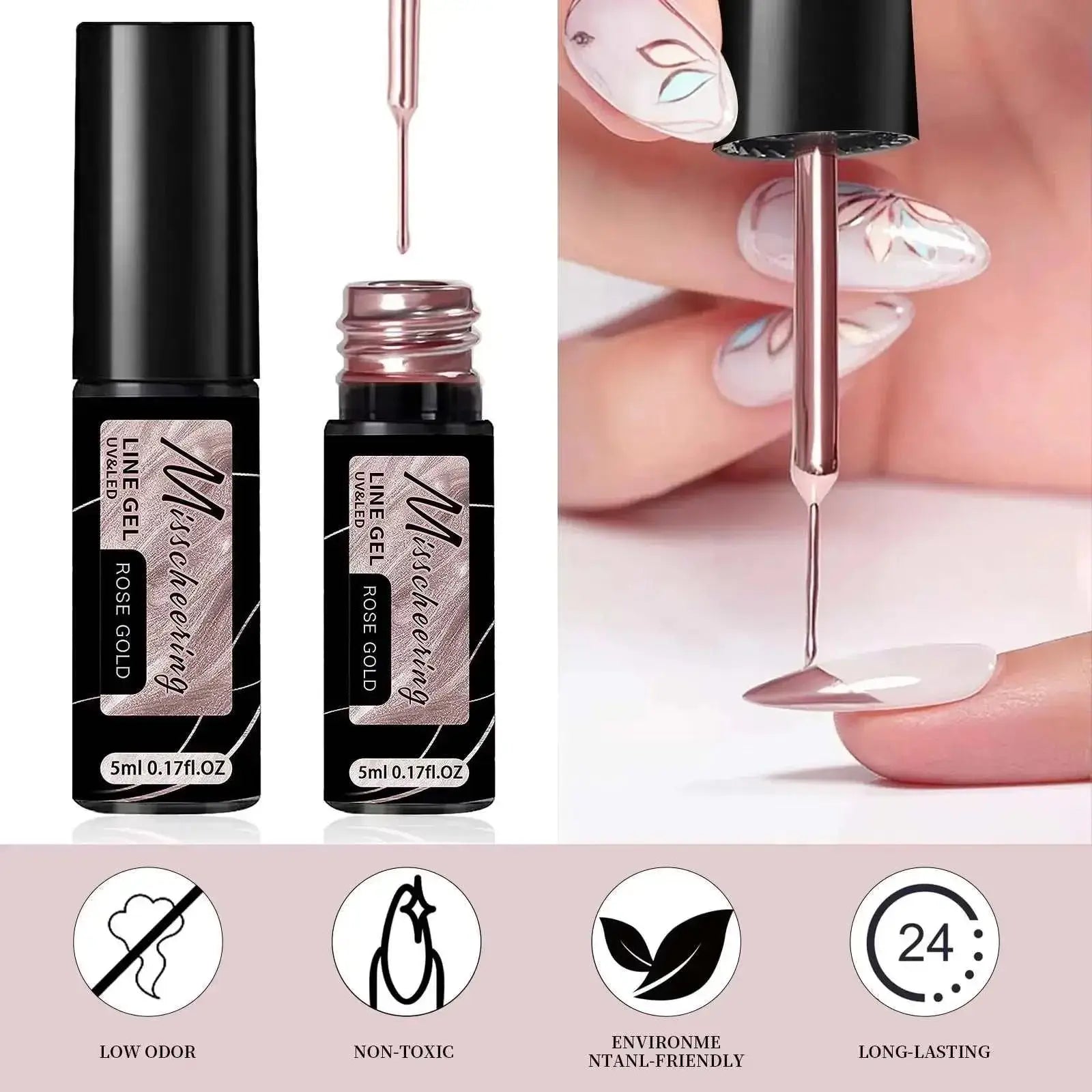 chrome mirror nail gel Rose gold chrome mirror nail gel for metallic nail art, featuring low odor, non-toxic, eco-friendly, and long-lasting formula.