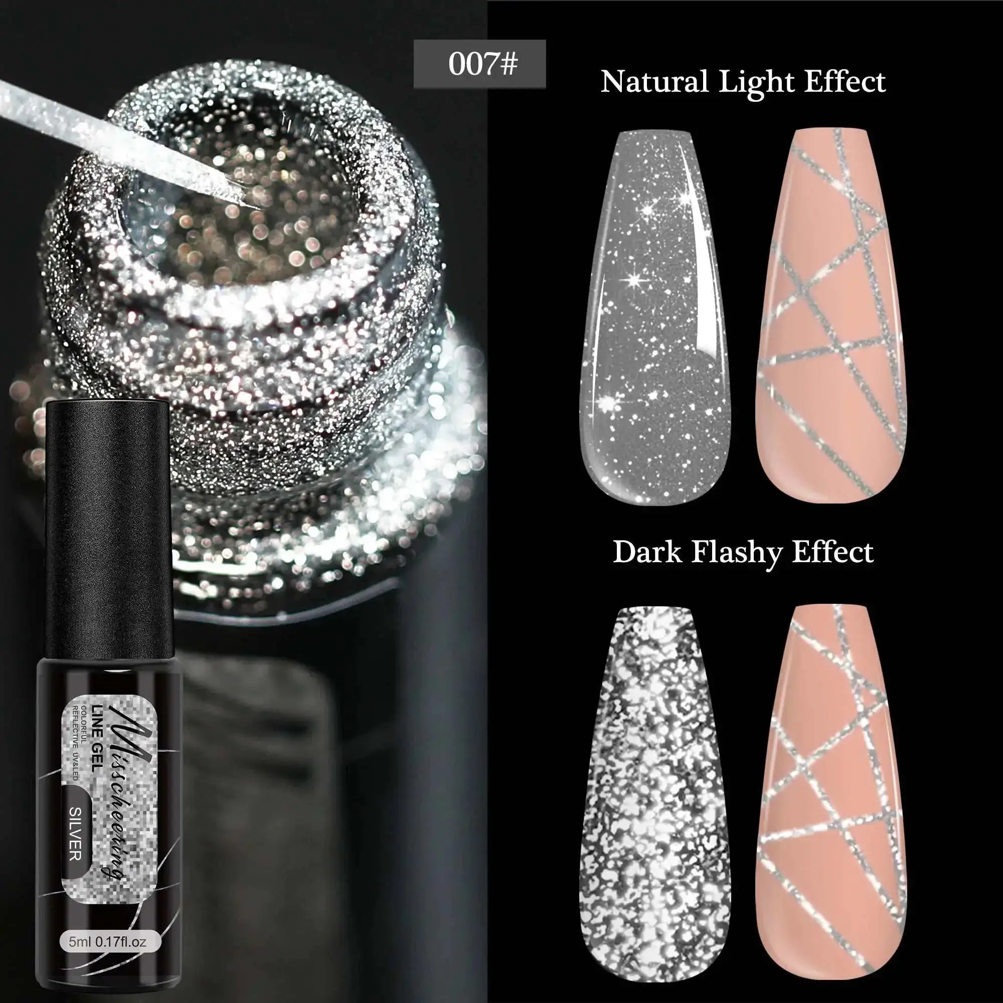 Chrome mirror nail gel in silver, showing natural and dark light effects for salon-quality metallic nails.