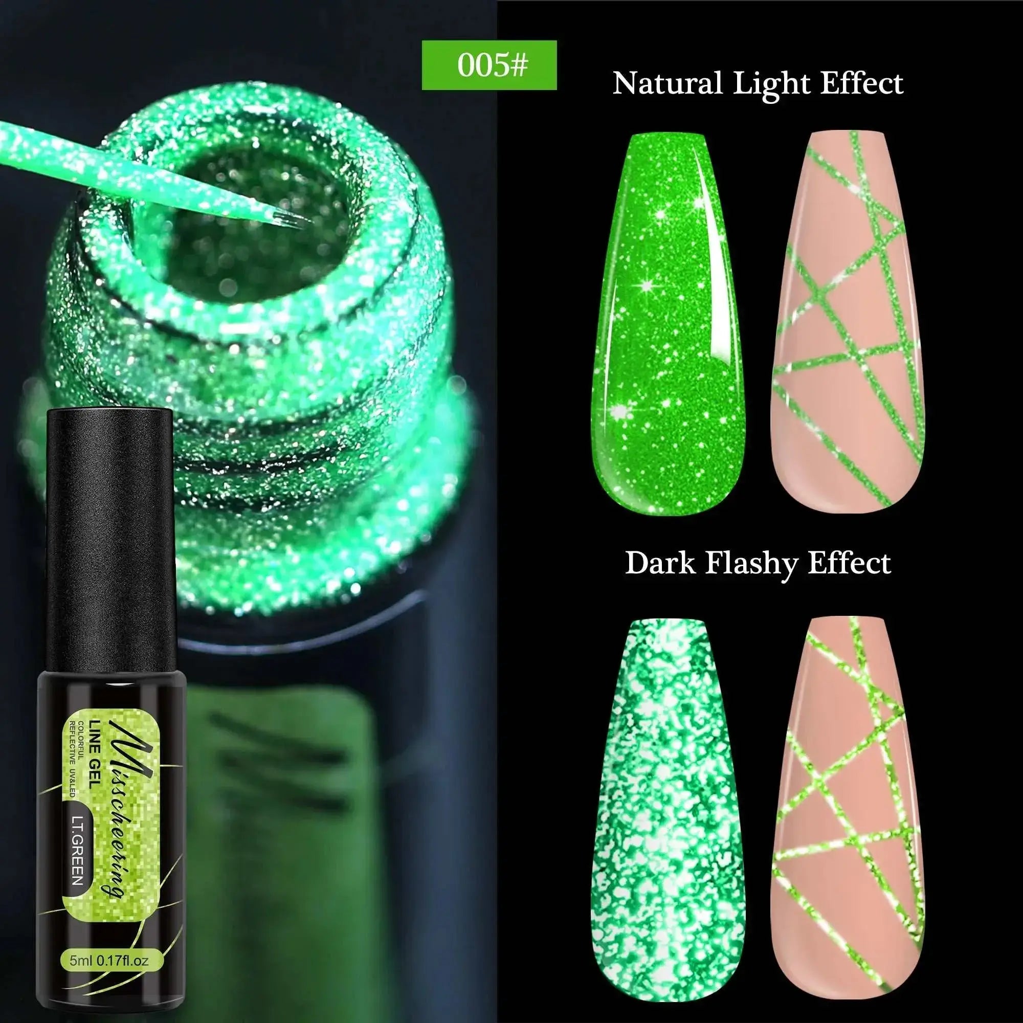 chrome mirror nail gel Green gel polish showcasing natural light and dark flashy effects with nail art designs