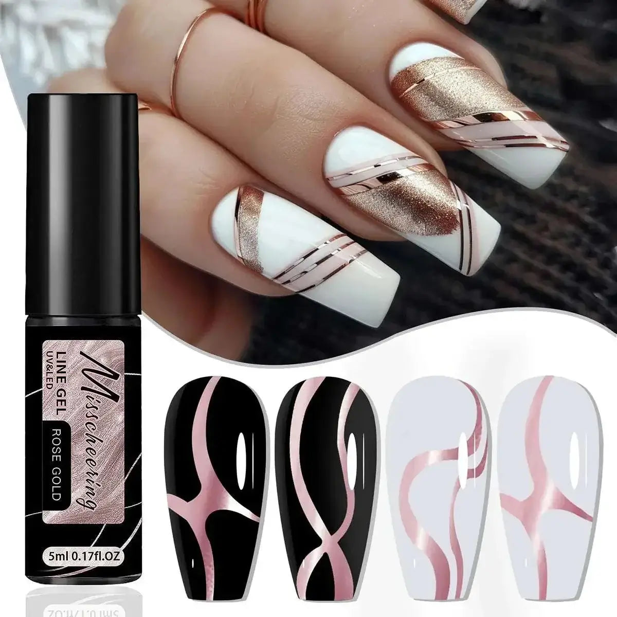 chrome mirror nail gel Rose gold nail design with elegant chrome mirror nail gel polish and artistic patterns.