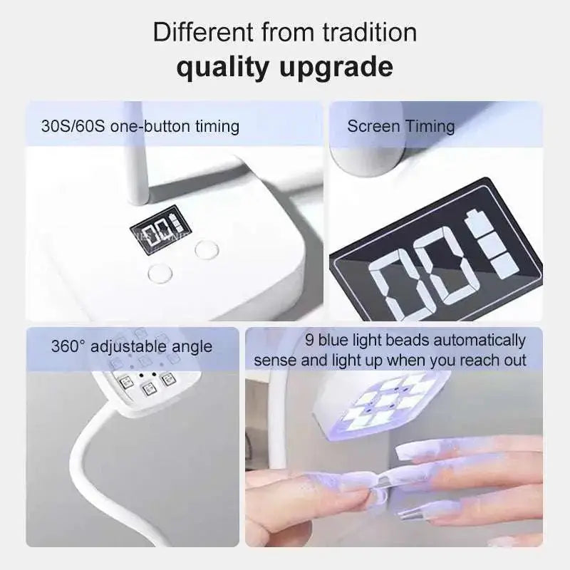 Rechargeable 9 LED UV desk lamp with wireless UV nail dryer features, 360° adjustment, and quick dry timer for manicure salon use.
