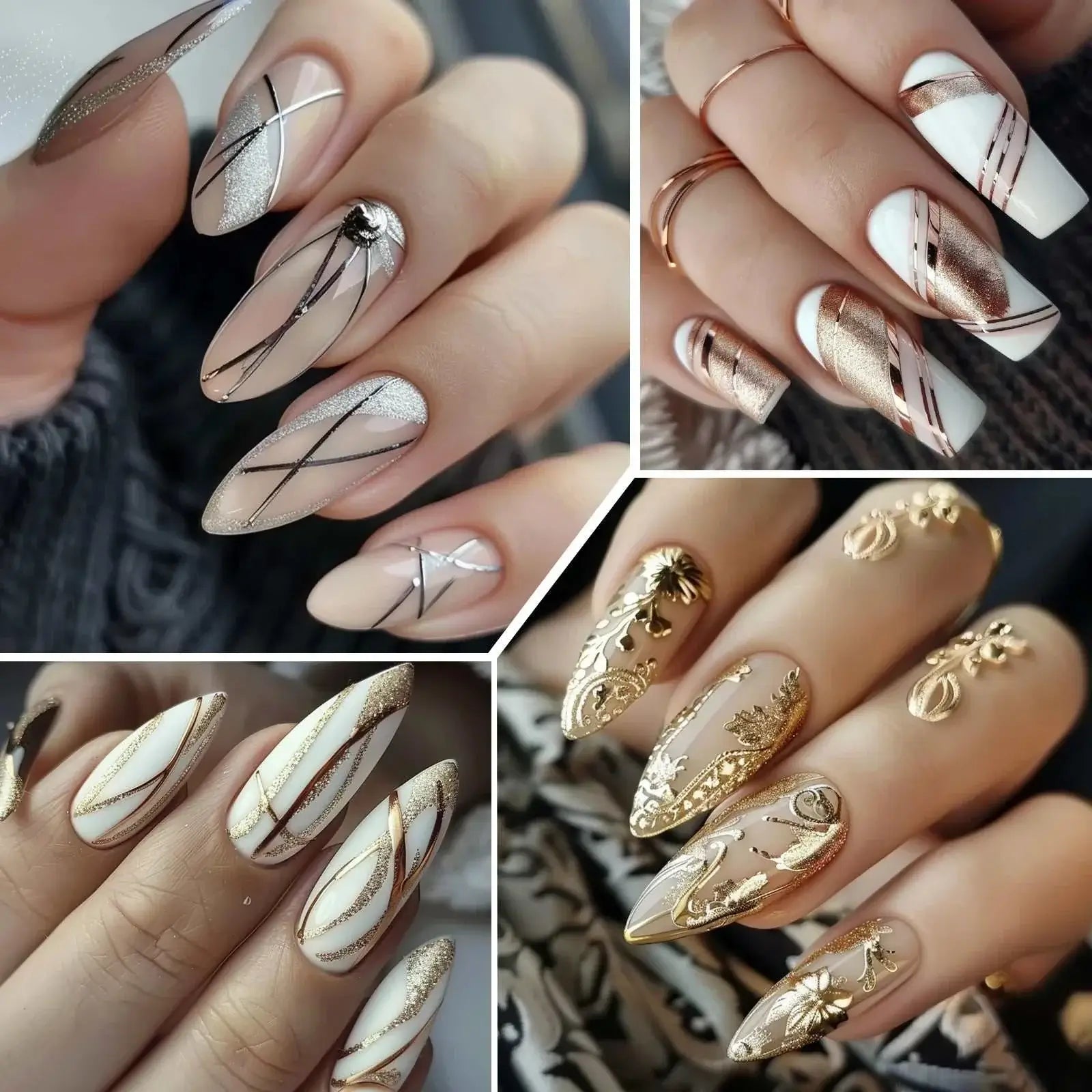 chrome mirror nail gel Elegant nail art using chrome mirror nail gel in metallic silver and gold with intricate designs and a glossy mirror-like finish.