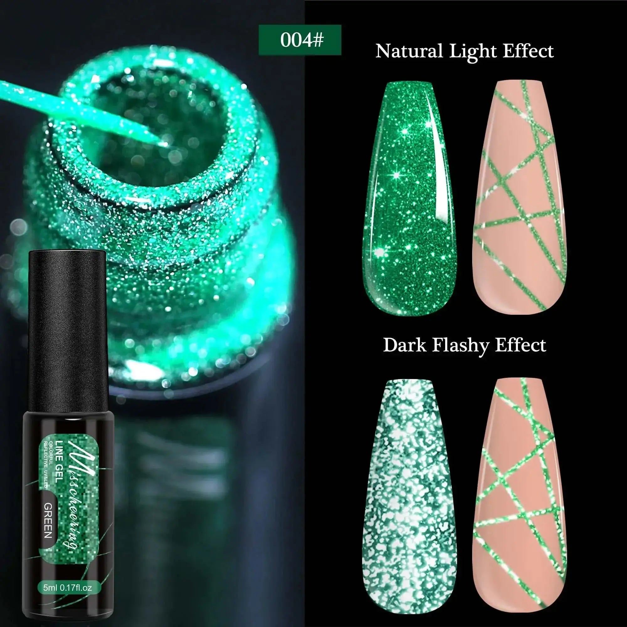 chrome mirror nail gel Green glitter nail gel showing natural vs dark light effects; perfect for nail art designs. Adds sparkle to chrome mirror nail gel collection.