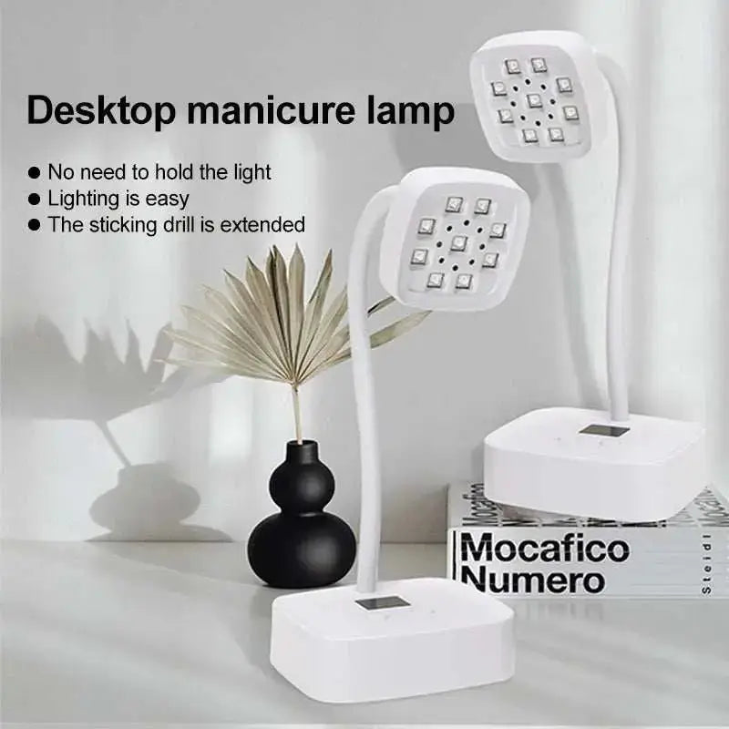 Rechargeable wireless UV nail dryer, 9 LED desk lamp, 360° bendable for gel polish, quick dry, manicure salon tool.