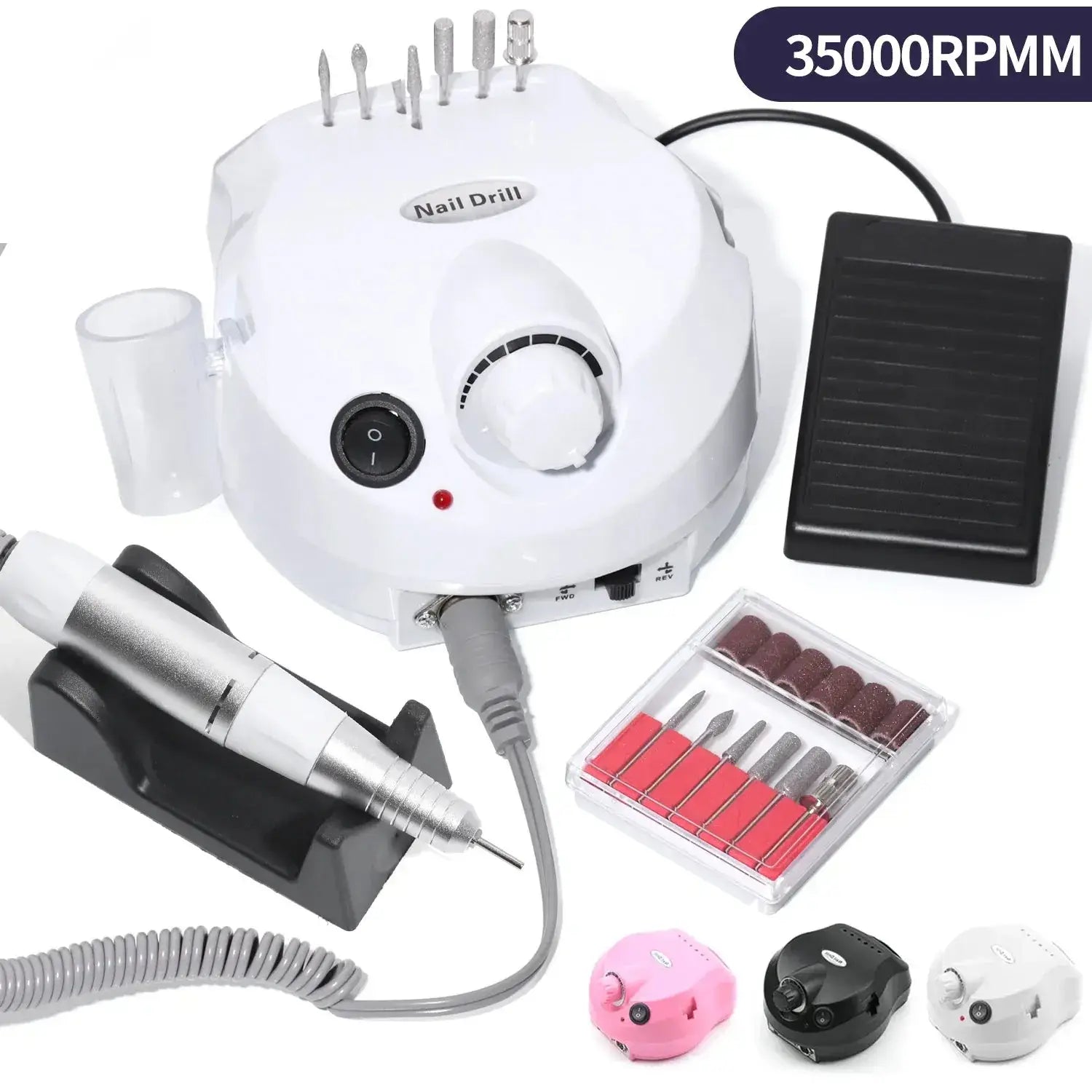 35000RPM electric nail drill set with accessories, white and pink options, CE certified by DUTRIEUX, professional manicure tool.