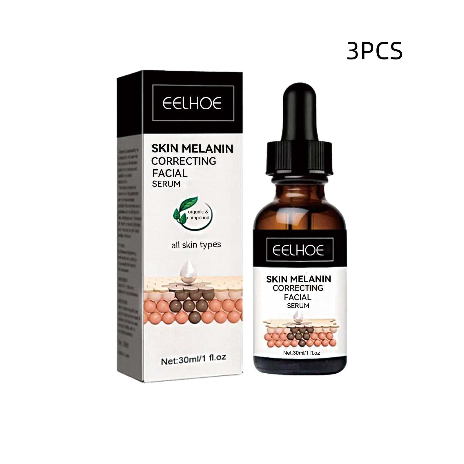 facial melanin repair essence with packaging and dropper bottle, brightening and hydrating skincare for uneven tone