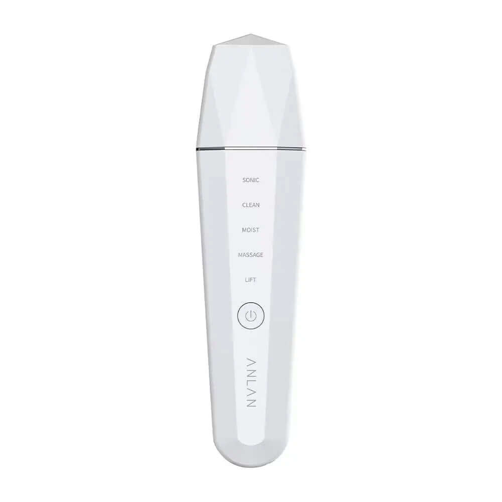 White ultrasonic skin scrubber device with multiple skincare modes for deep cleansing and lifting
