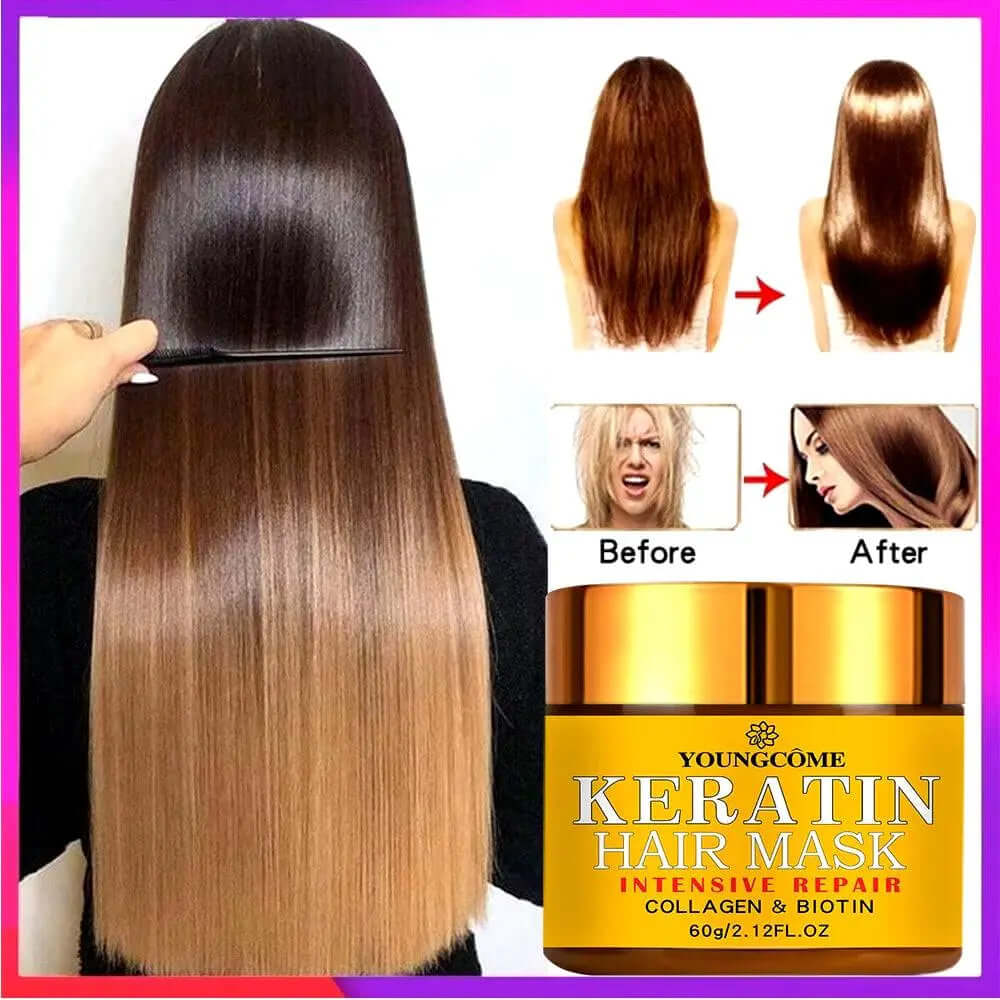 hair repair mask for damaged hair with biotin and keratin showing before and after results