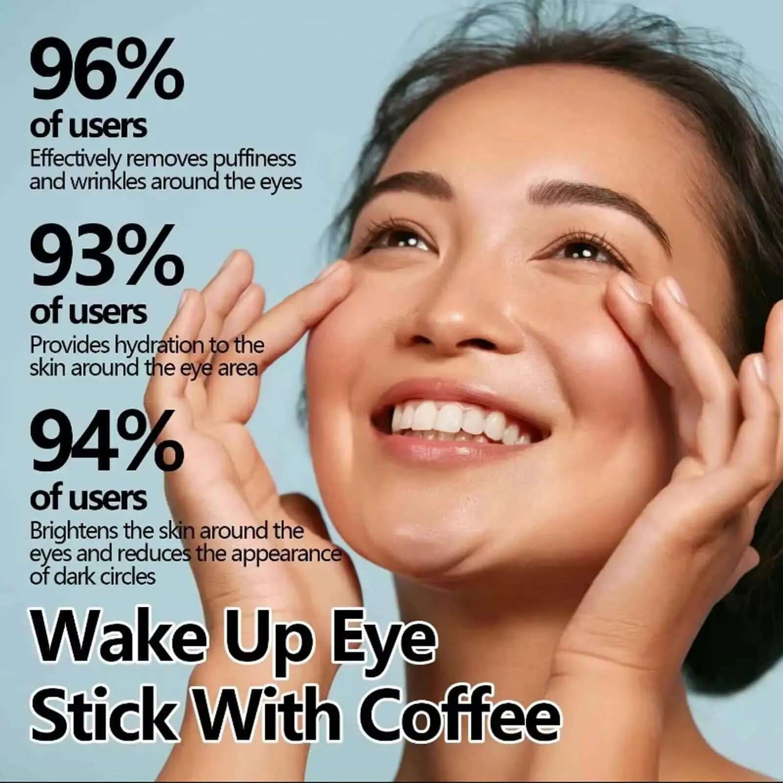 Woman using snail eye cream stick for wrinkles, highlighting benefits like puffiness reduction and hydration with Wake Up Eye Stick With Coffee.