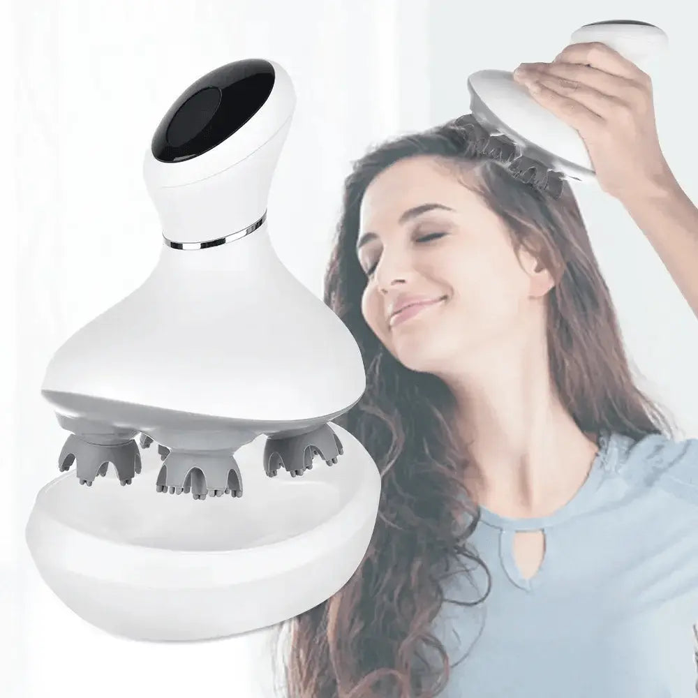 Cordless electric scalp massager with rotating nodes for hair growth and stress relief, handheld and waterproof design.