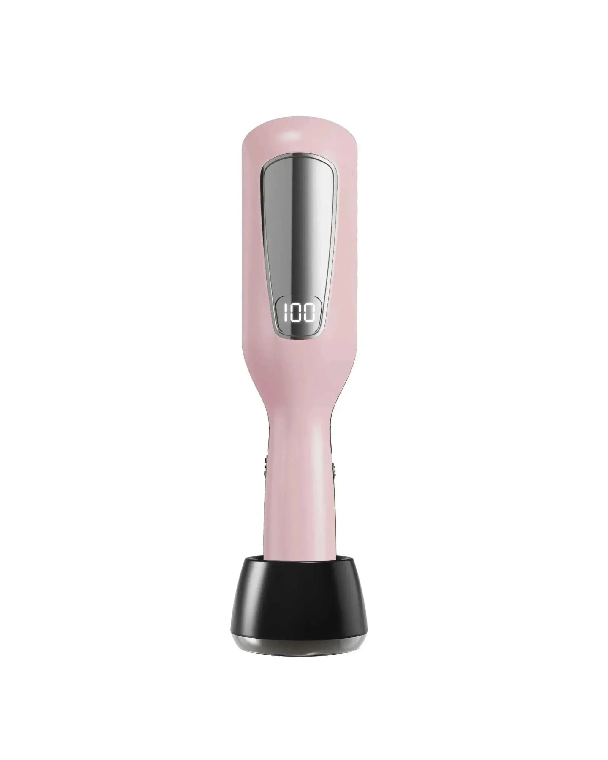Cordless pink hair ends trimmer with digital display and black base stand for split end removal.