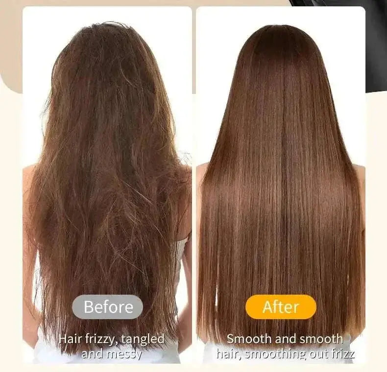 Before and after comparison showing frizzy, tangled hair transformed into smooth, frizz-free hair using a cordless hair ends trimmer
