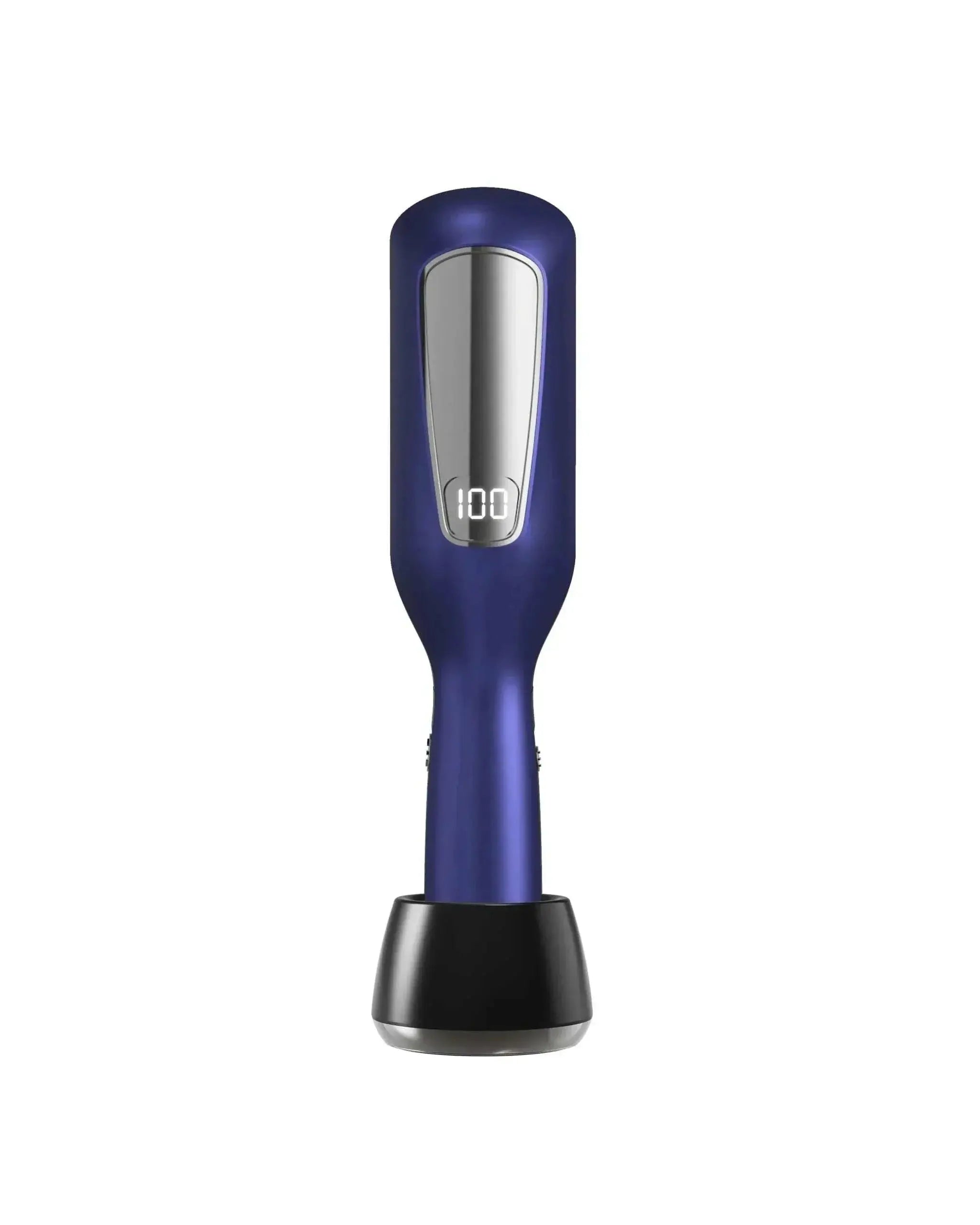 Cordless Hair Ends Trimmer with digital display and sleek blue design on black stand