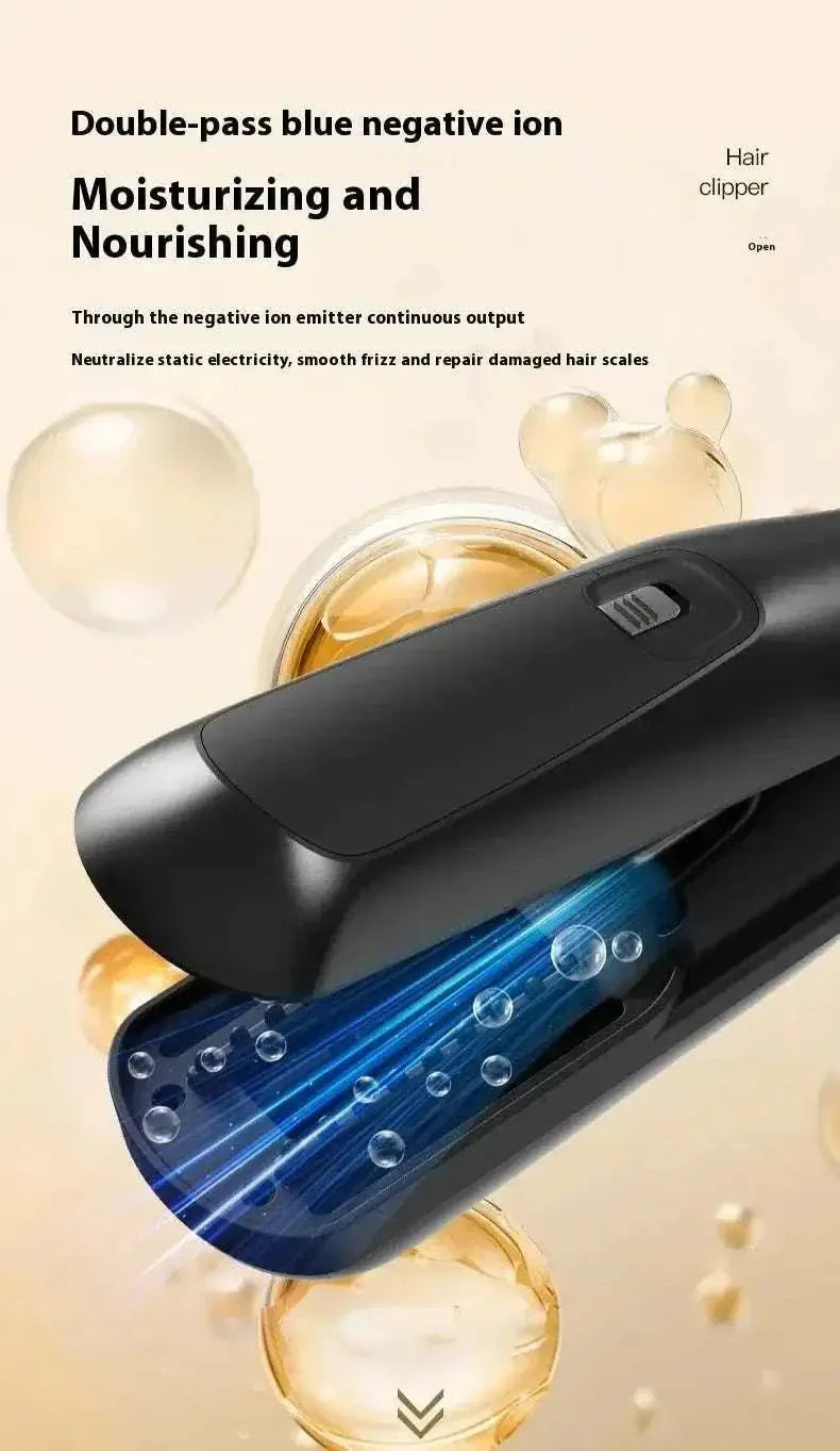 Cordless Hair Ends Trimmer with double-pass blue negative ion technology for moisturizing, nourishing, and reducing static for smooth, healthy hair.