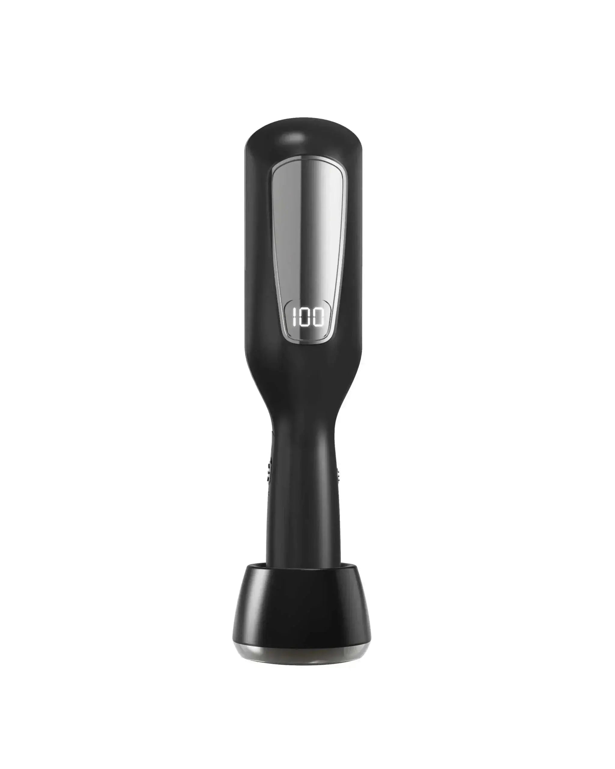Cordless Hair Ends Trimmer with digital display and sleek black design on charging stand