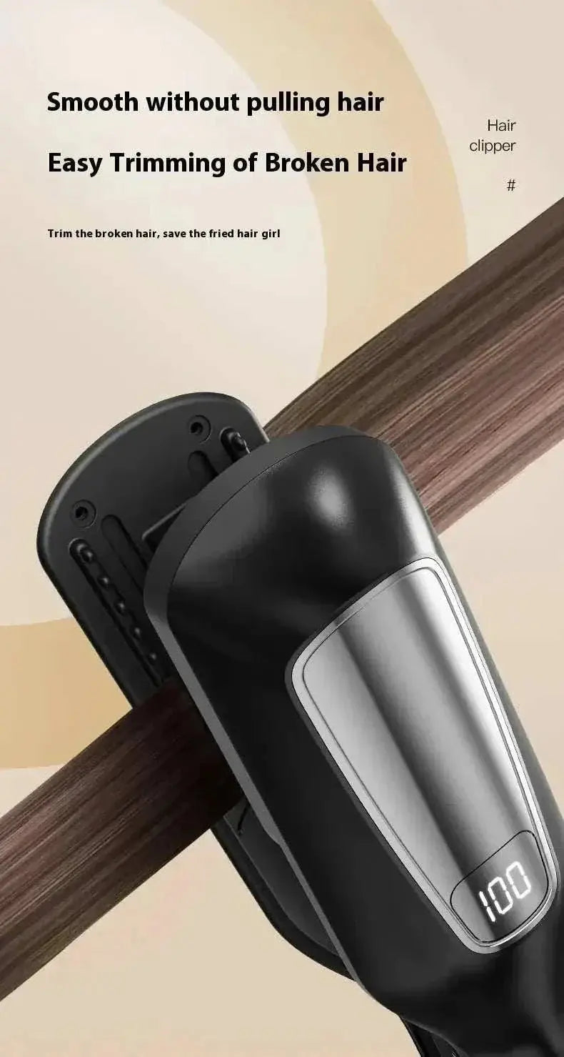 Cordless Hair Ends Trimmer showing digital display trimming split ends from smooth hair strand