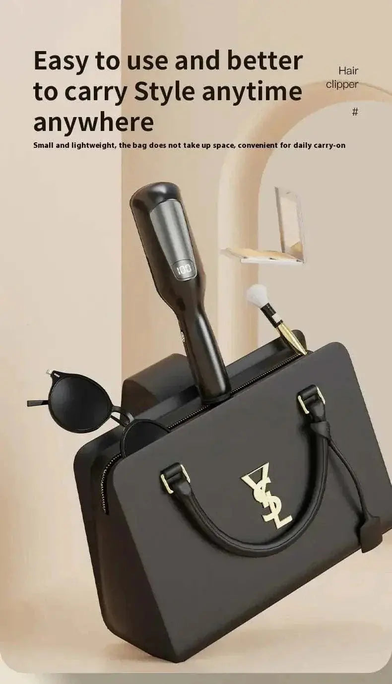 Cordless Hair Ends Trimmer shown with portable black handbag, highlighting its lightweight and easy-to-carry design for styling on the go.
