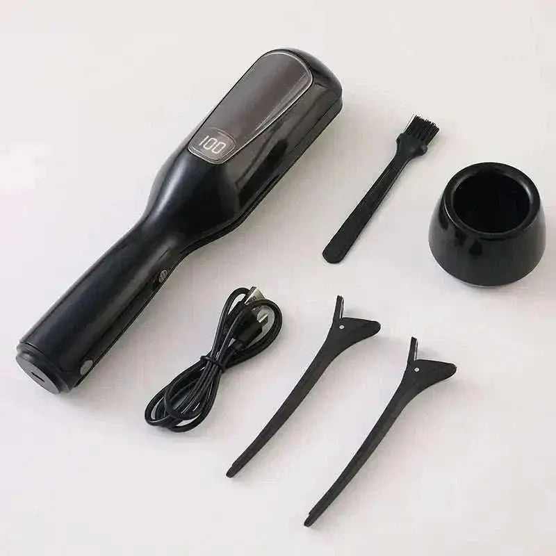 Cordless Hair Ends Trimmer with digital display, USB charging cable, cleaning brush, hair clips, and base stand for split end removal and hair straightening.