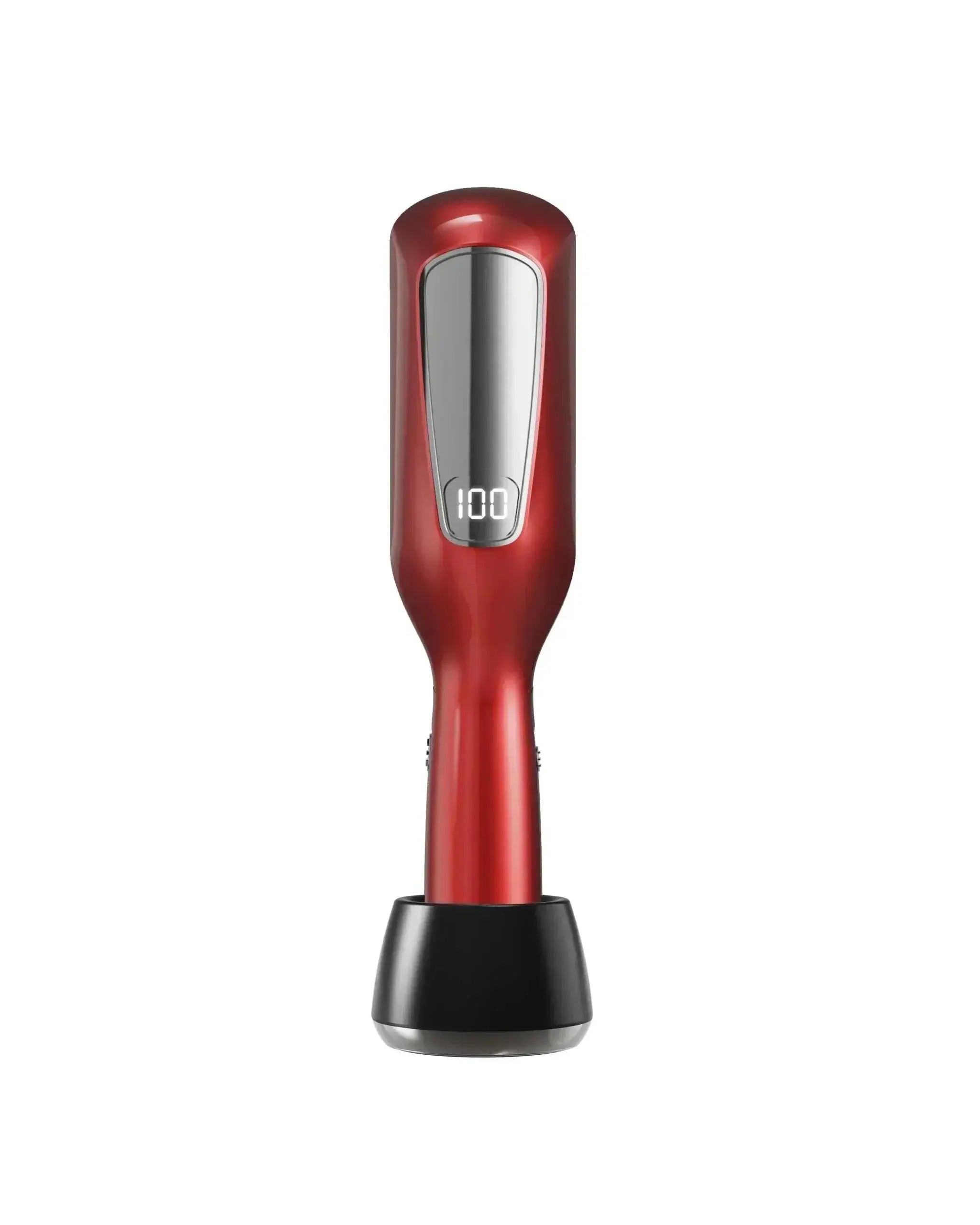 Cordless Hair Ends Trimmer in red with digital display and black base stand for split end removal and hair smoothing.
