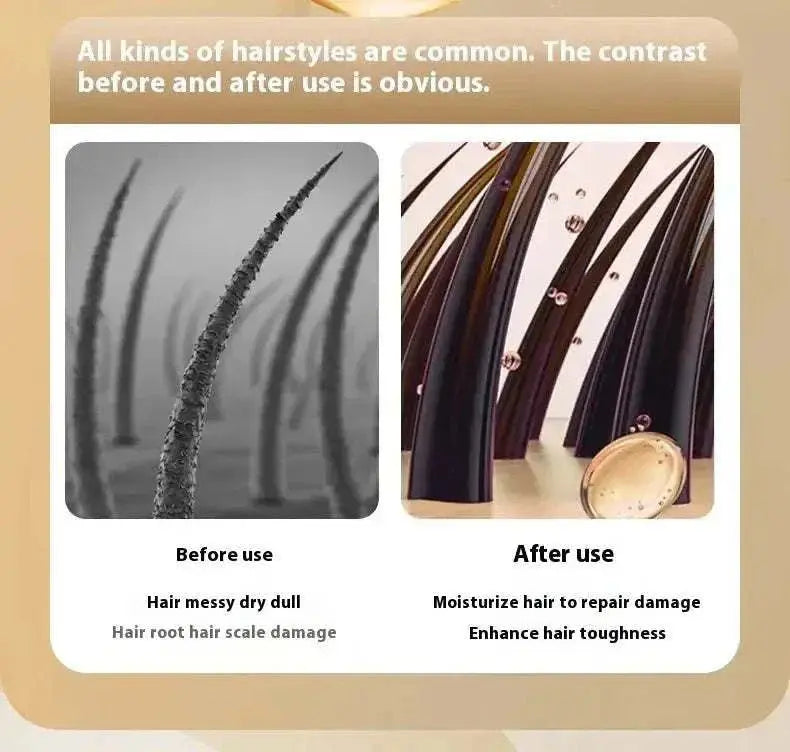 Comparison of hair strands before and after using cordless hair ends trimmer showing damaged dry hair versus smooth, moisturized hair with enhanced toughness