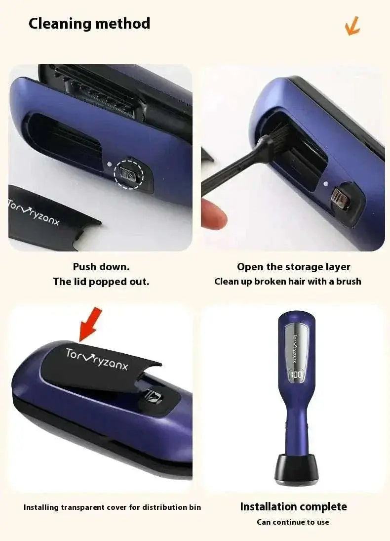 Cleaning process of cordless hair ends trimmer with push-down lid, brush cleaning, and transparent cover installation