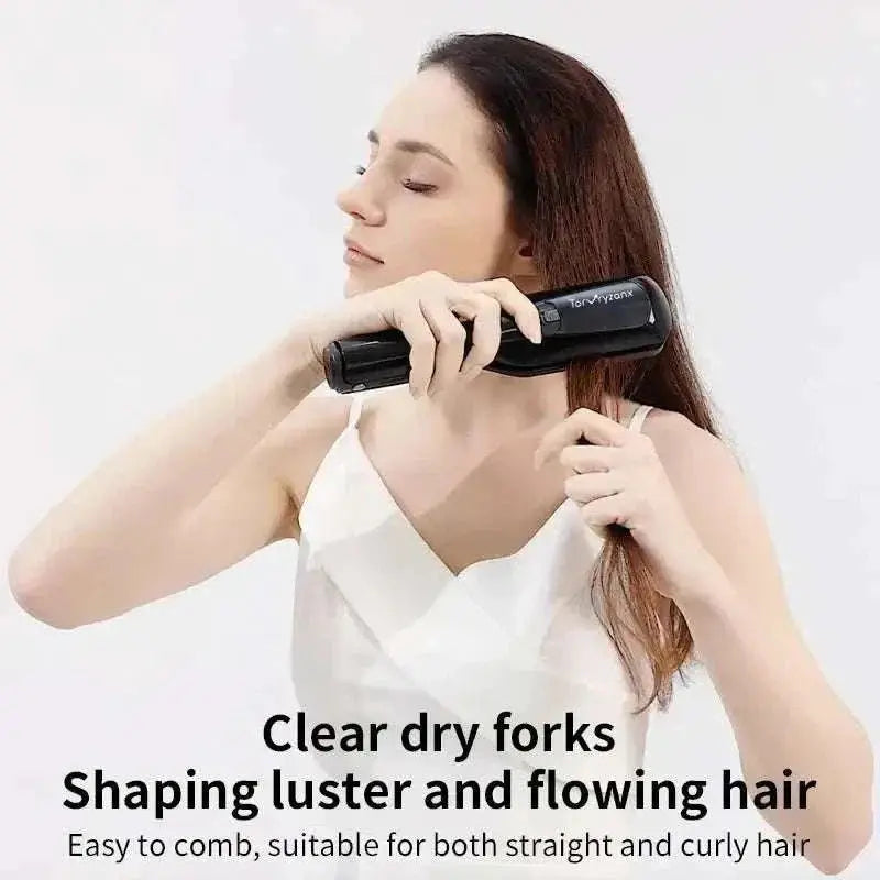 Woman using cordless hair ends trimmer to remove split ends and smooth hair