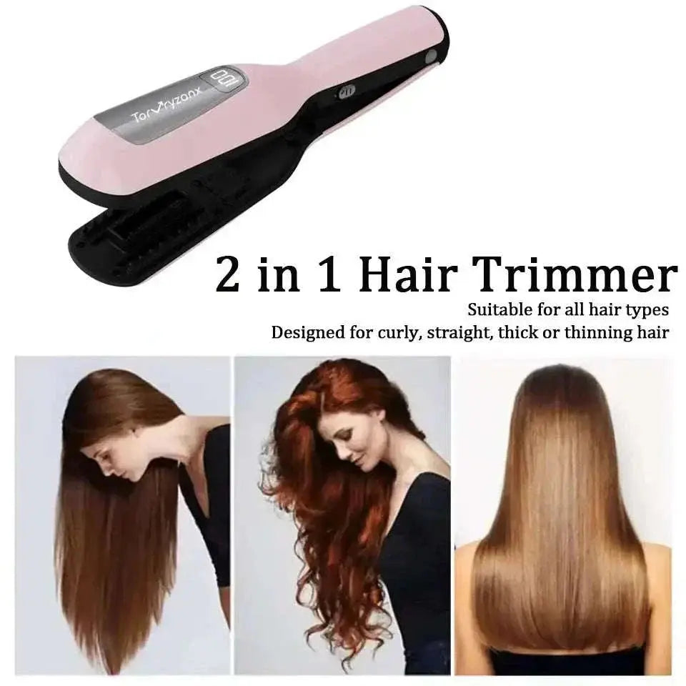 Cordless hair ends trimmer and split end remover with 2-in-1 design for all hair types, shown trimming straight, curly, and thick hair.