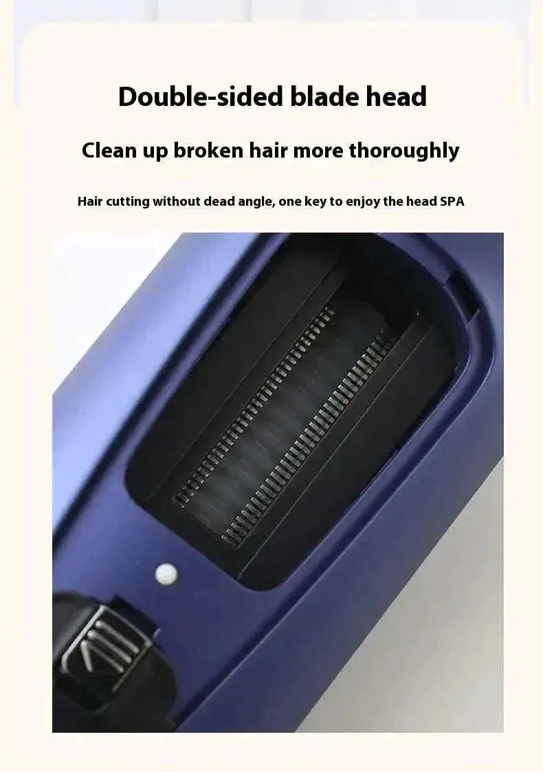 Close-up of double-sided blade head of cordless hair ends trimmer for thorough split end removal and hair smoothing