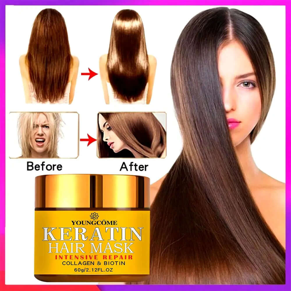 Hair repair mask for damaged hair with biotin and keratin, showing before and after results of smooth and shiny hair.