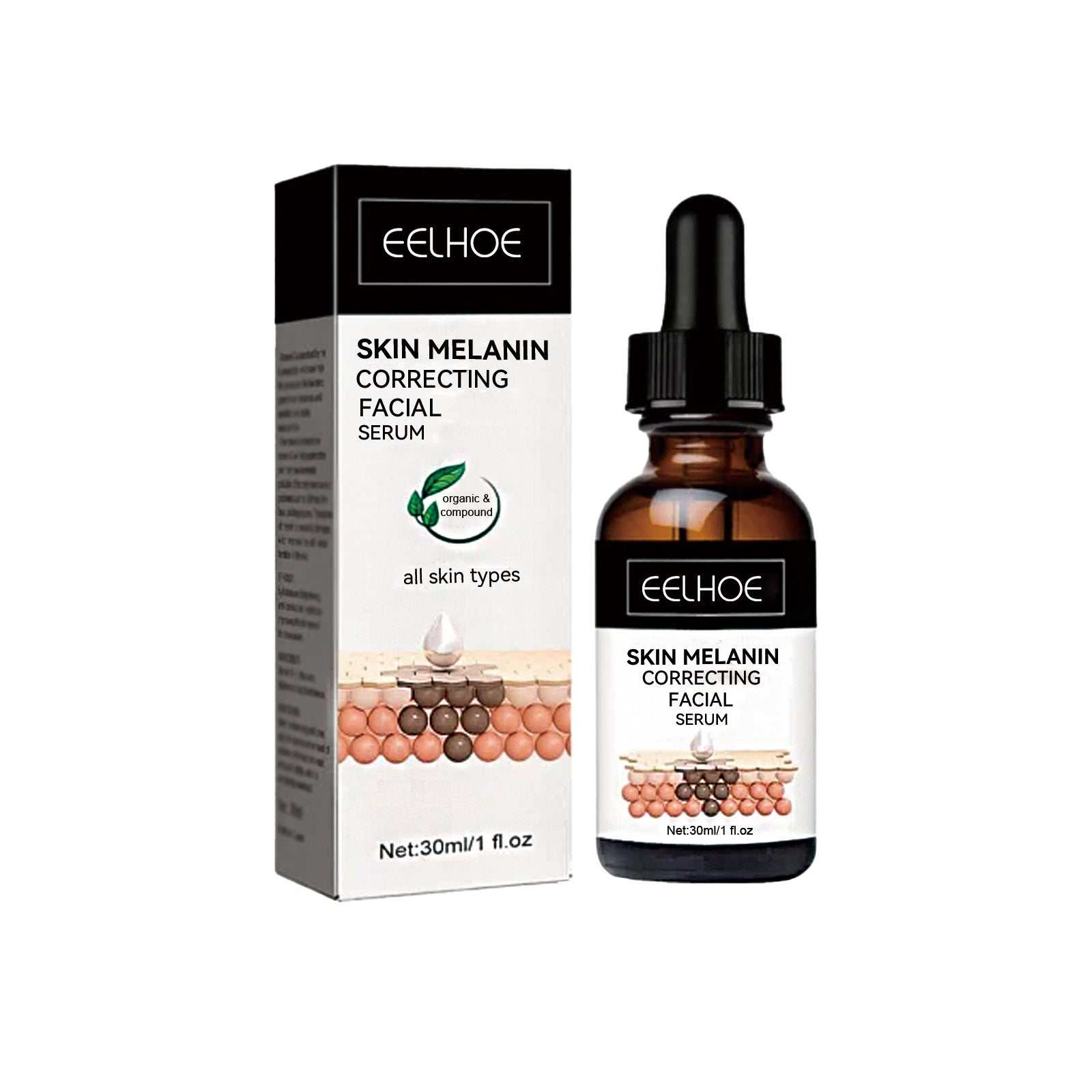 Facial melanin repair essence bottle with packaging for hydration and brightening skincare.