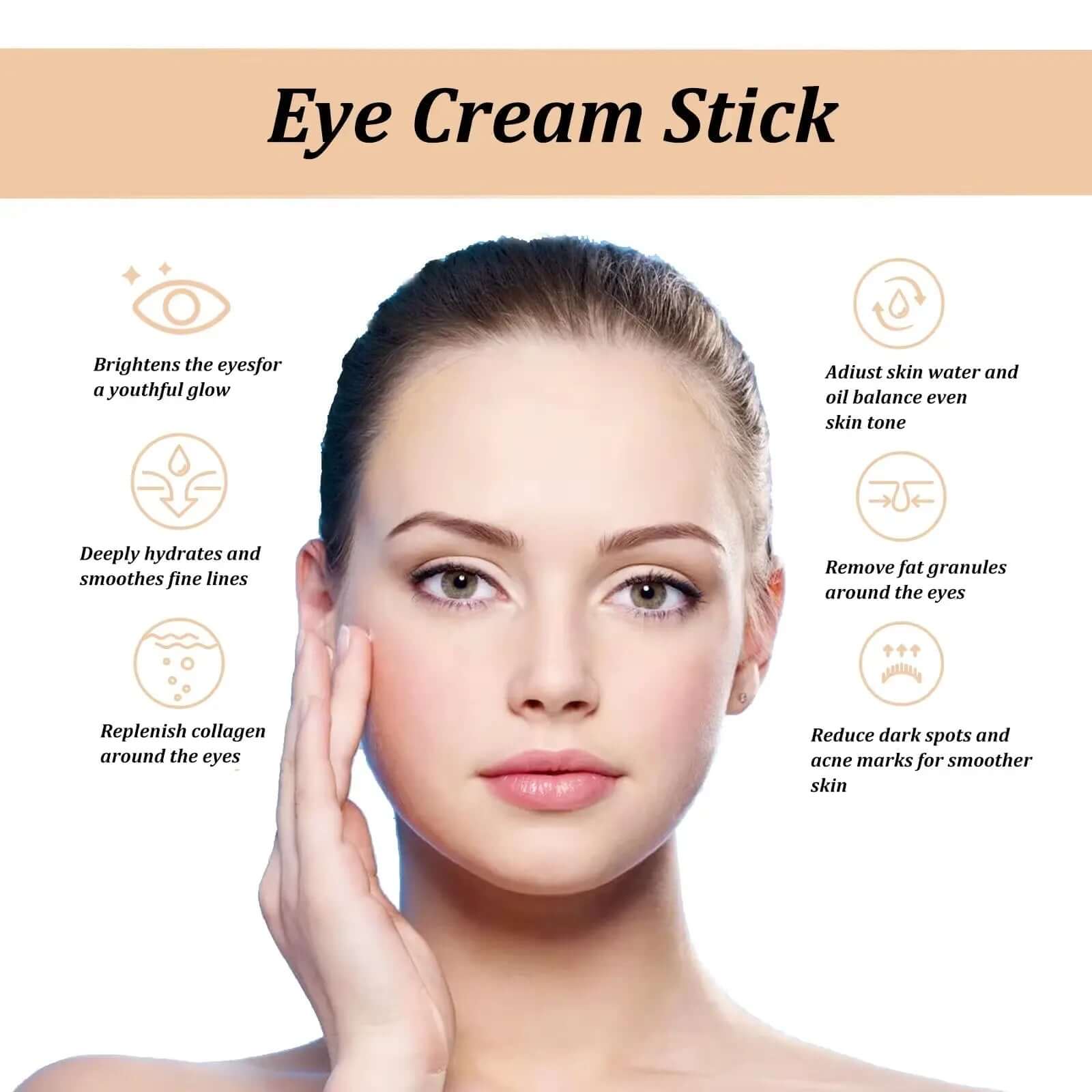 Woman applying snail eye cream stick for wrinkles, highlighting benefits like hydration, firming, and reducing dark circles around eyes.