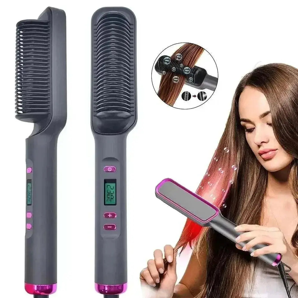 Electric Hair Straightening Comb with anti-scald design and digital display for smooth, frizz-free hair styling at home