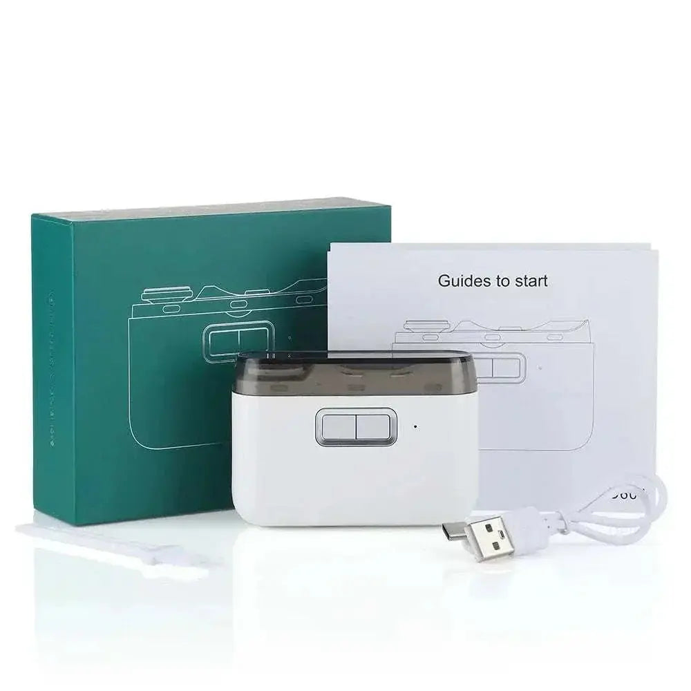 Electric USB Nail Trimmer with light, USB cable, instruction manual, and packaging box on white background