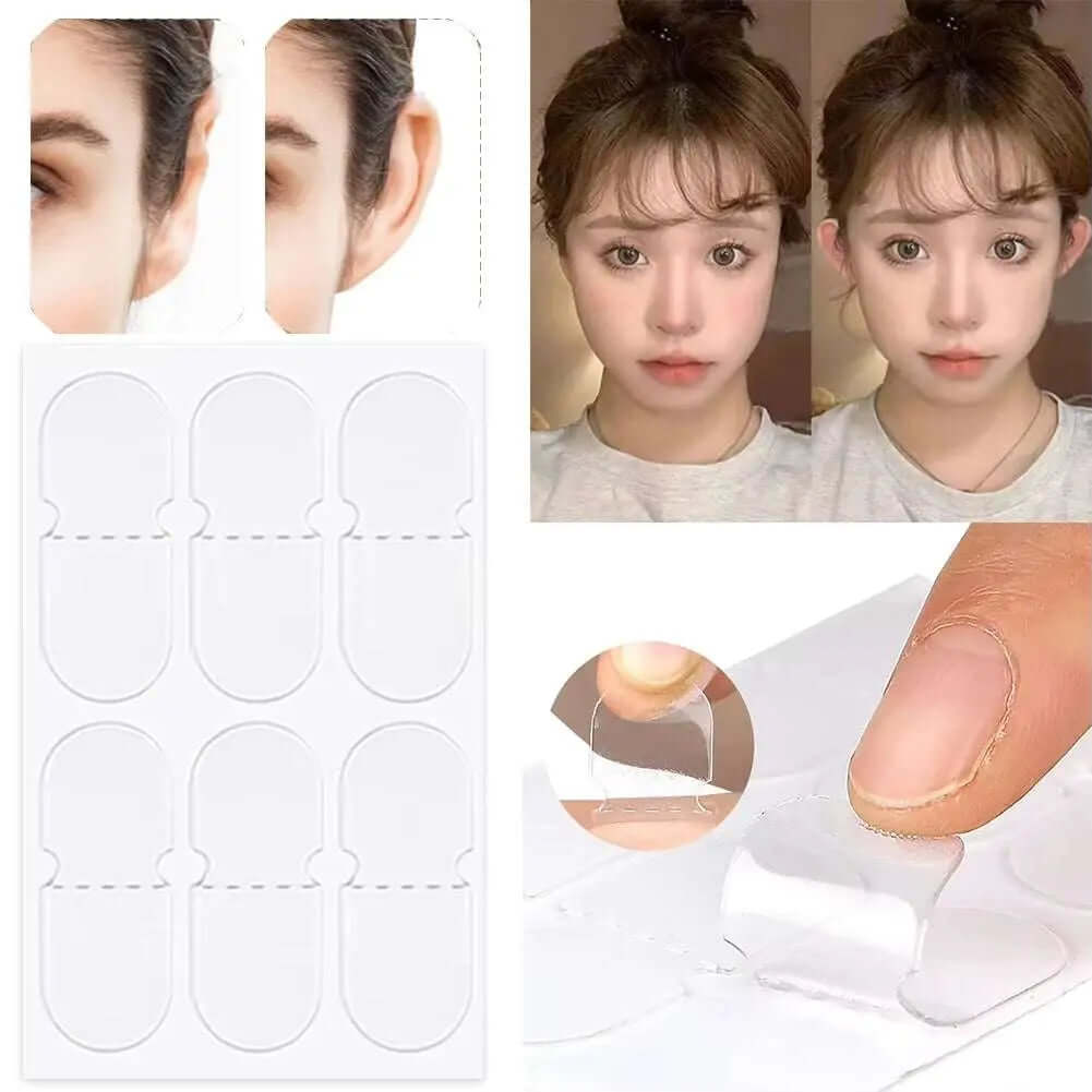 cosmetic ear corrector invisible ear stickers for protruding ears showing before and after use and adhesive strips close-up