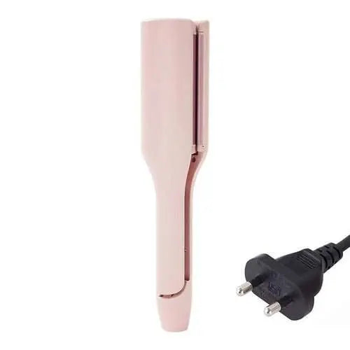 Pink 32mm deep wave hair curling iron with adjustable temperature and wired AC plug
