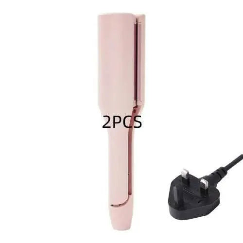 Pink 32mm deep wave hair curling iron with adjustable temperature and wired UK plug
