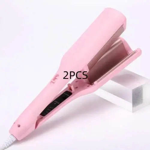 Pink 32mm deep wave hair curling iron with adjustable temperature and wired power supply