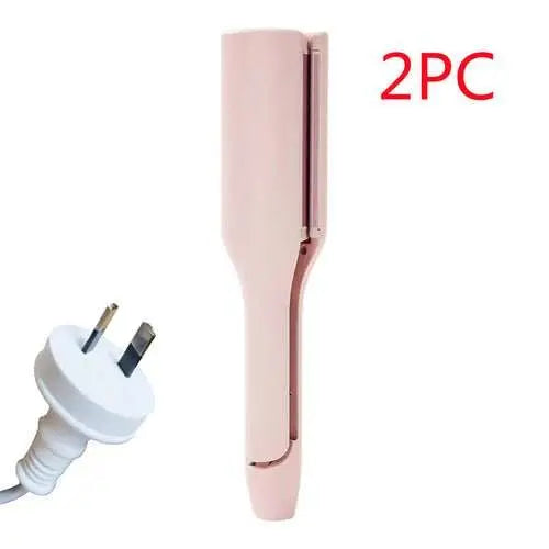 32mm deep wave hair curler in pink with adjustable temperature and wired AC plug, set of 2 pieces