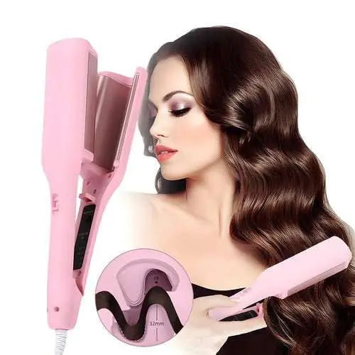 Hair Curling Iron 32mm in pink creating smooth, voluminous waves on long brown hair with adjustable temperature settings and 32mm barrel.