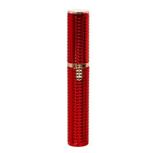 Painless rechargeable women's hair removal device with three trimming heads and stainless steel blade in a compact red lipstick-shaped design