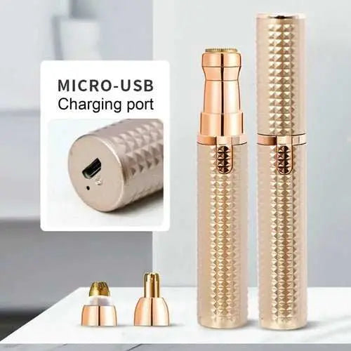 Rechargeable 3-in-1 painless women's hair removal device with stainless steel blades and micro-USB charging port.