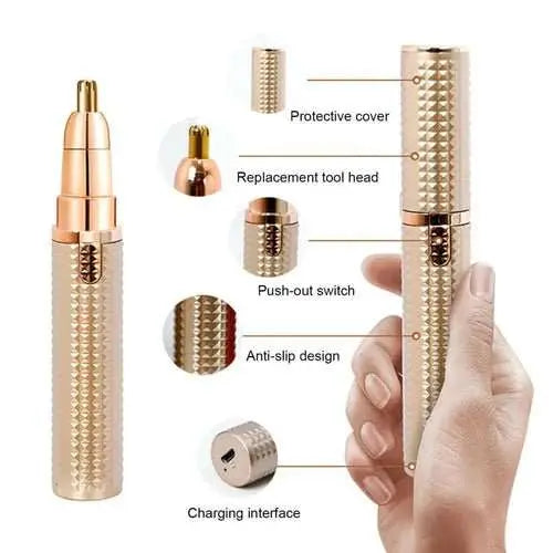 Rechargeable 3-in-1 painless women's hair removal device with stainless steel blades and ergonomic design.