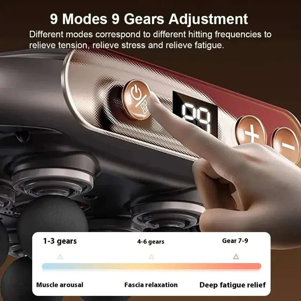 Close-up of the high-frequency muscle massage gun control panel showing 9 modes and 9 gears adjustment for muscle tension, stress, and fatigue relief.