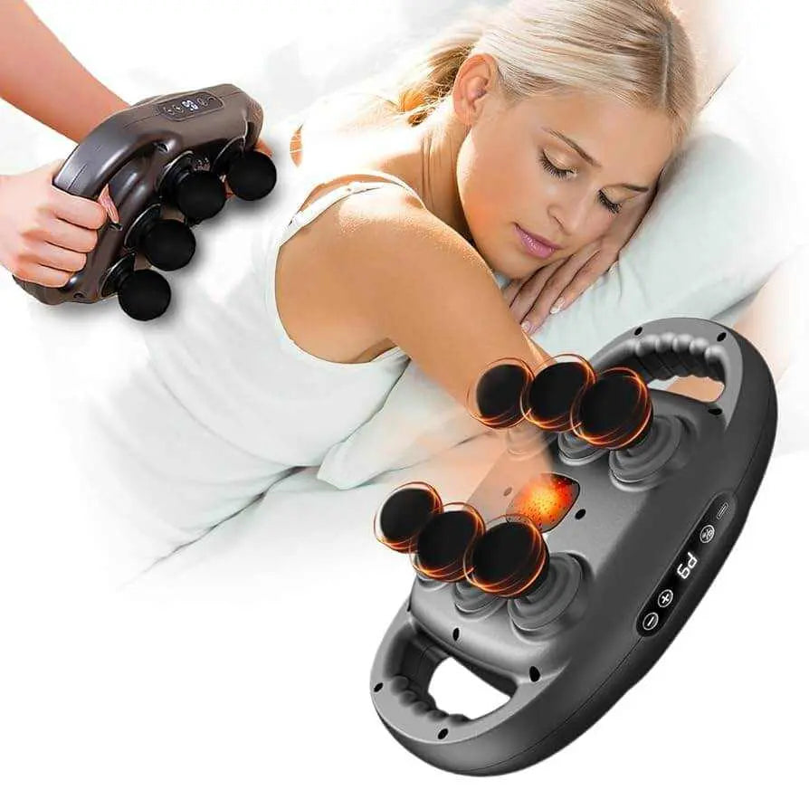High-frequency muscle massage gun with six interchangeable heads for deep tissue vibration therapy and muscle relief