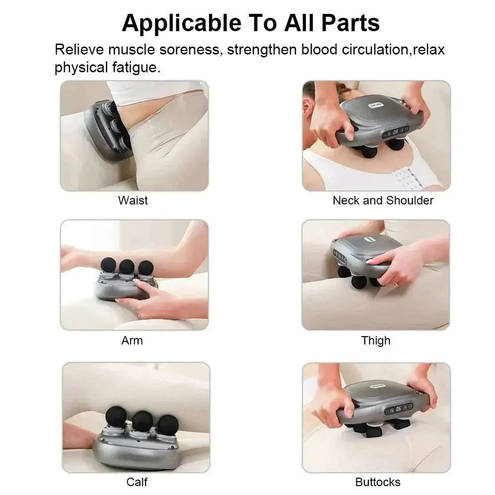 High-Frequency Muscle Massage Gun with six heads for deep tissue relief on waist, neck, shoulder, arm, thigh, calf, and buttocks