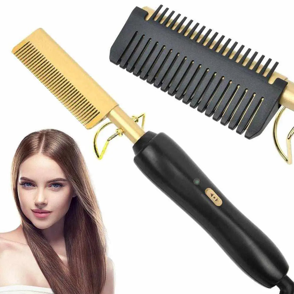 Electric hot comb hair straightening brush with ergonomic handle for smooth, frizz-free hair styling