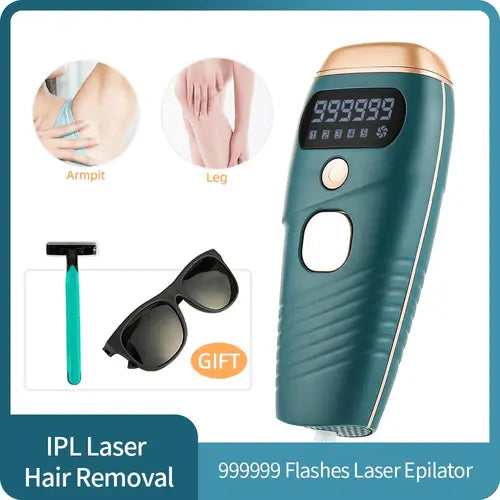 IPL laser hair removal device with 999,999 flashes, adjustable energy levels, and included razor and protective glasses for painless hair removal on armpits and legs.